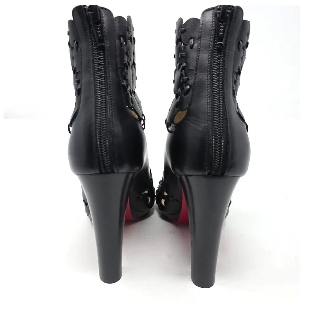 Christian Louboutin Amazona Black Leather Boots Peep Toe Bootie Heel 36.5 US 6.5